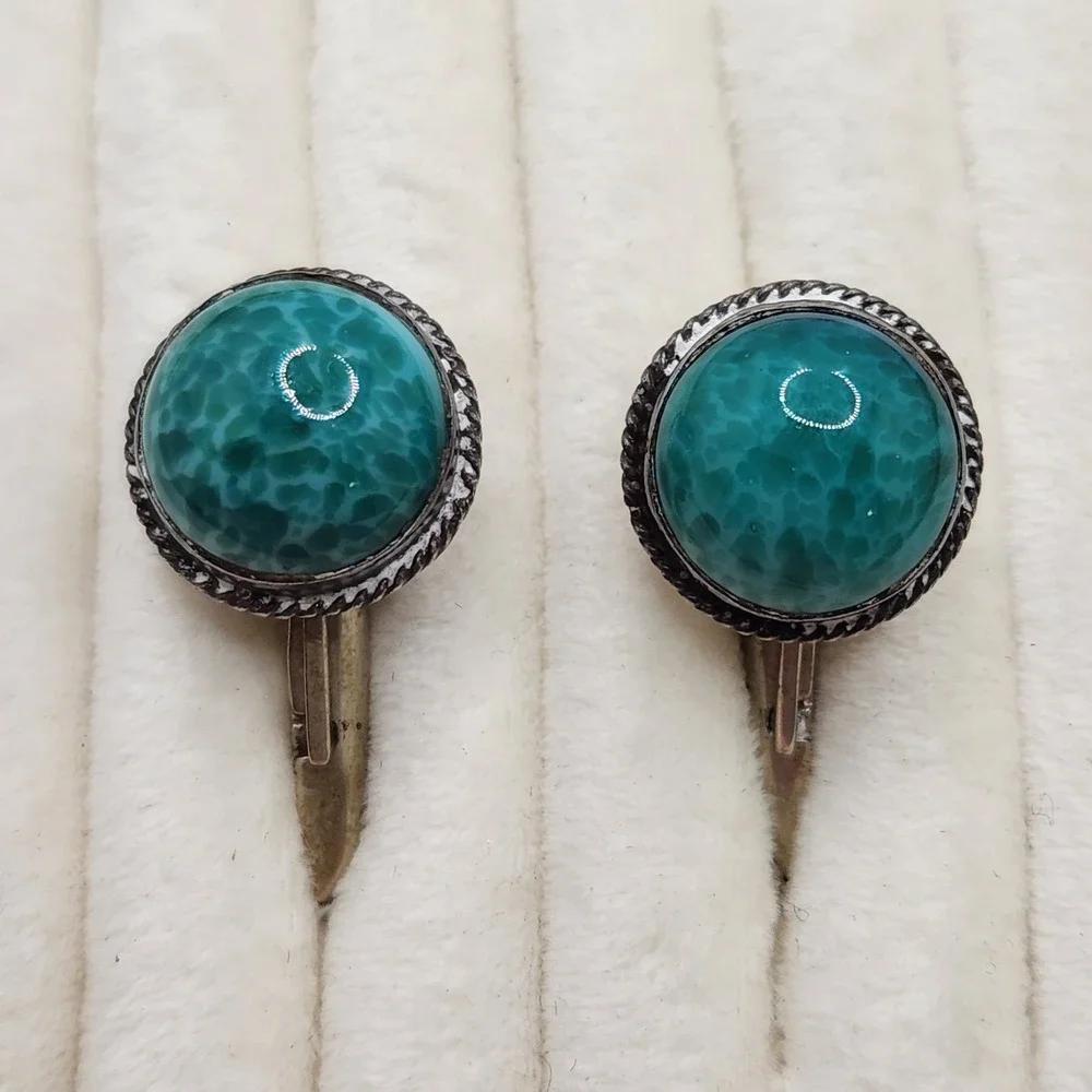 Vintage Alpaca Silver Green Peking Glass Cabochon Cufflinks Mexico Southwest